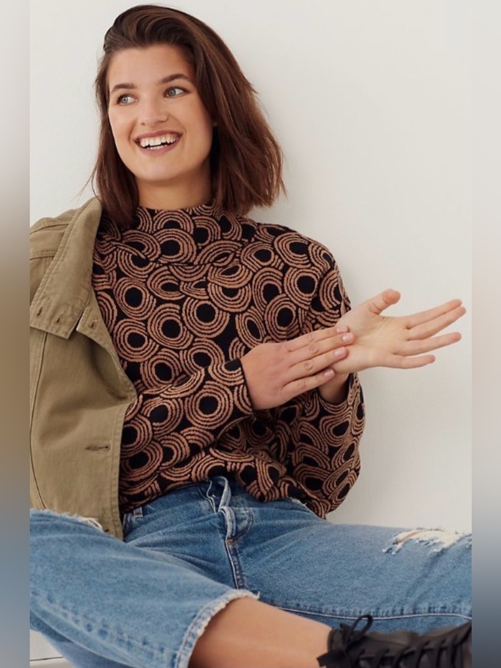 Anthropologie Maeve Black and Camel Circle-Print Sweater